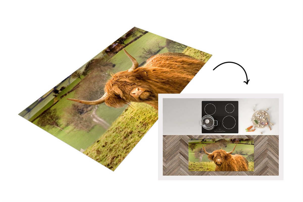 KitchenYeah Keukenloper - Loper keuken - Schotse Hooglander - Berg - Herfst - 120x60 cm - Keukenloper vinyl Multicolor