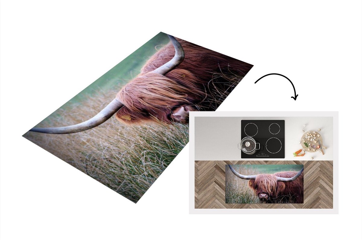 KitchenYeah Keukenloper - Loper keuken - Schotse Hooglander - Hoorns - Gras - 120x60 cm - Keukenloper vinyl Multicolor
