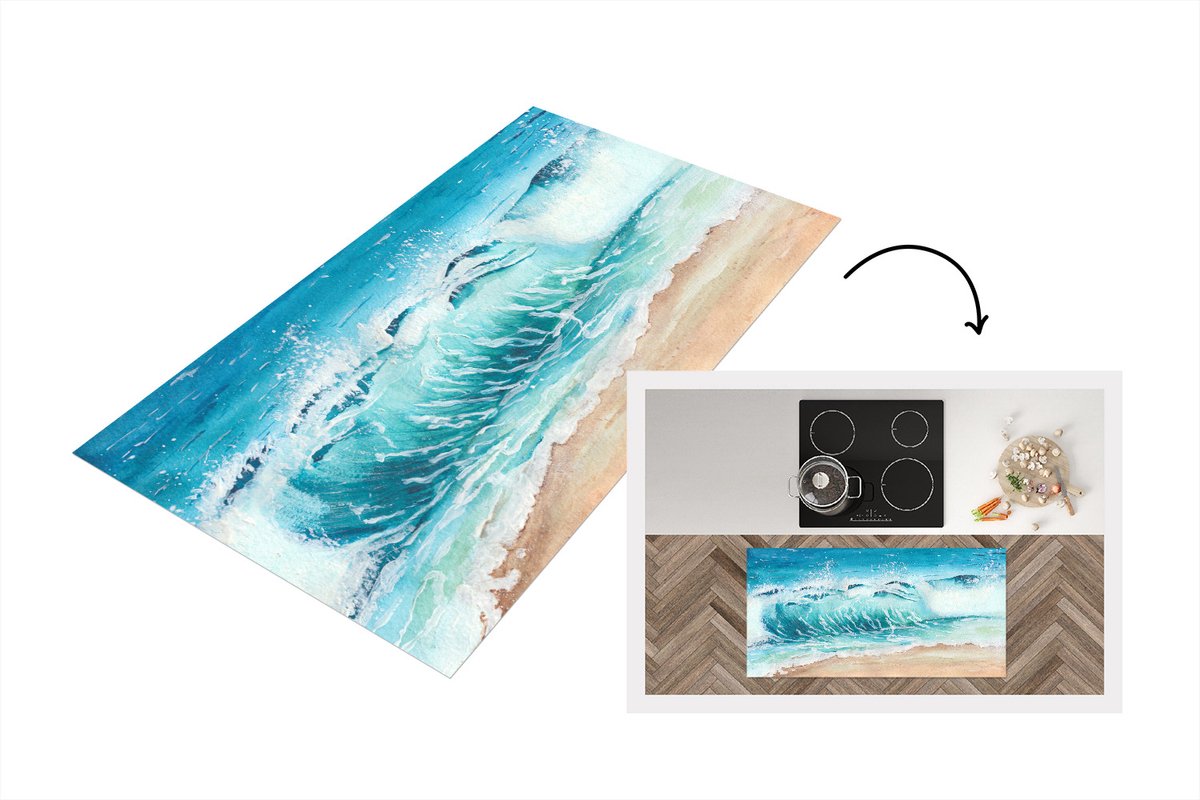 KitchenYeah Keukenloper - Loper keuken - Strand - Golf - Zee - 120x60 cm - Keukenloper vinyl Multicolor