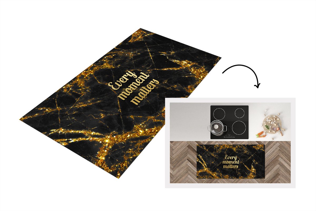 KitchenYeah Keukenloper - Loper keuken - Quote - Moment - Goud - Marmer - 120x60 cm - Keukenloper vinyl Multicolor