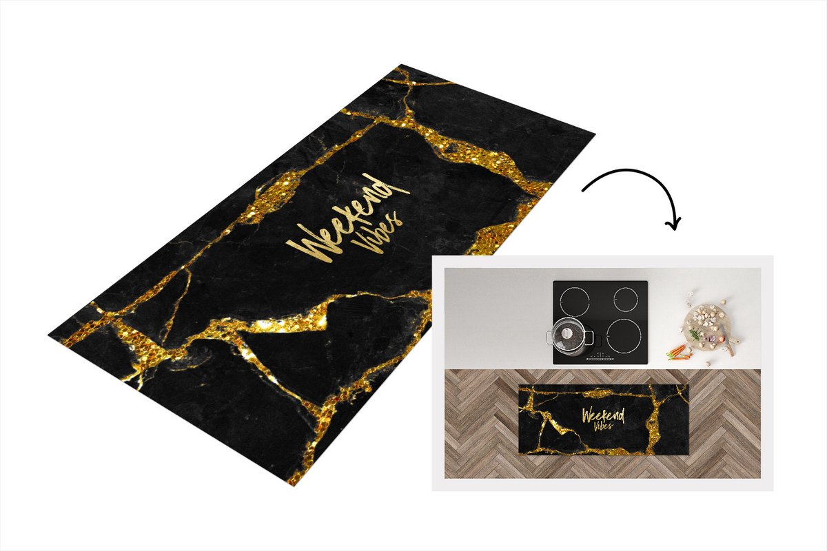 KitchenYeah Keukenloper - Loper keuken - Quotes - Weekend - Goud - Marmer - 120x50 cm - Keukenloper vinyl Multicolor
