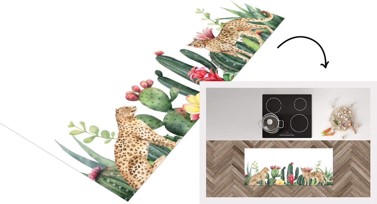 KitchenYeah Keukenloper - Loper keuken - Luipaard - Planten - Waterverf - 120x50 cm - Keukenloper vinyl Multicolor