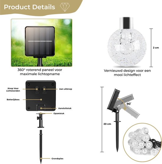Homèlle solar lichtsnoer - 50 LED - 5 + 2 meter - Warm-wit - ø2cm - Tuinverlichting op zonne-energie - Kerstverlichting - Buitenverlichting - Lichtslinger - Lampjes slinger - Cristal