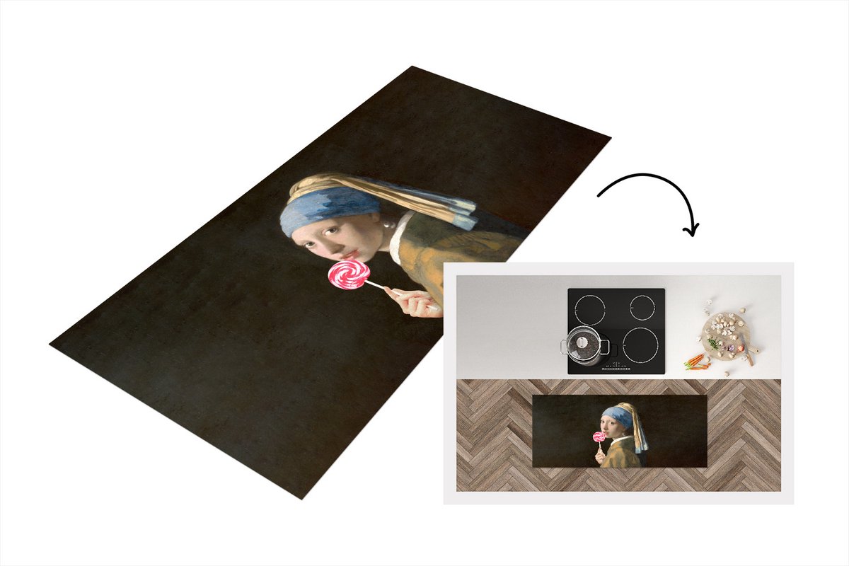 KitchenYeah Keukenloper - Loper keuken - Schilderij - Meisje met de parel - Snoep - 120x50 cm - Keukenloper vinyl Multicolor