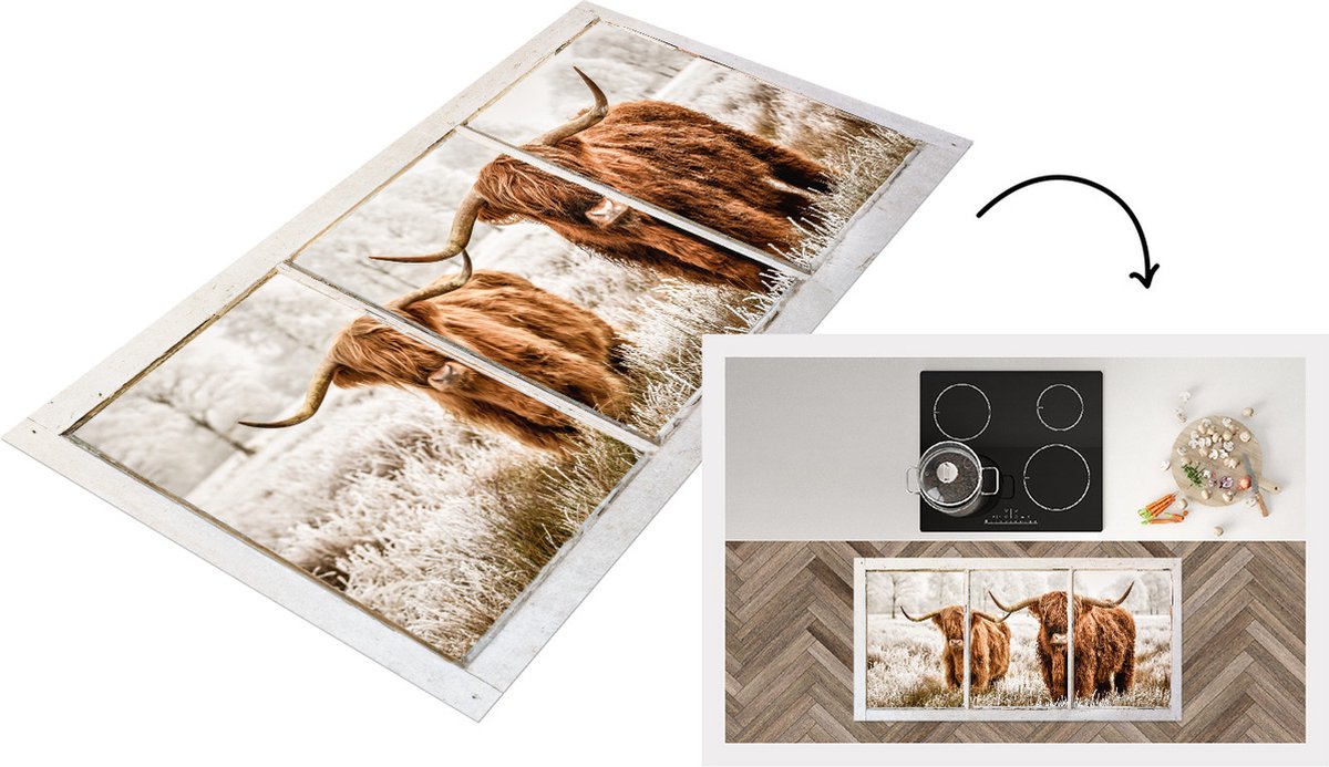 KitchenYeah Keukenloper - Loper keuken - Schotse hooglander - Koe - Doorkijk - 120x60 cm - Keukenloper vinyl Multicolor
