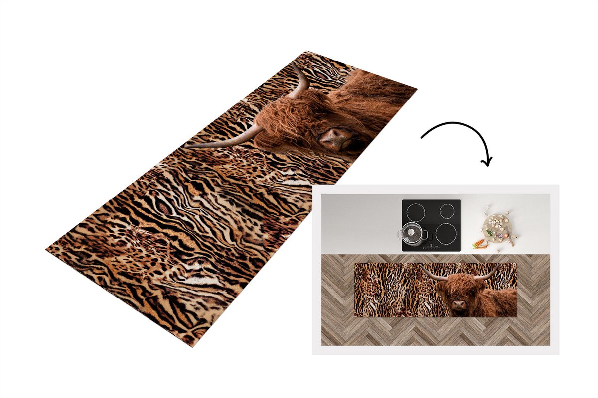 KitchenYeah Keukenloper - Loper keuken - Schotse hooglander - Panterprint - Dieren - 180x60 cm - Keukenloper vinyl Multicolor
