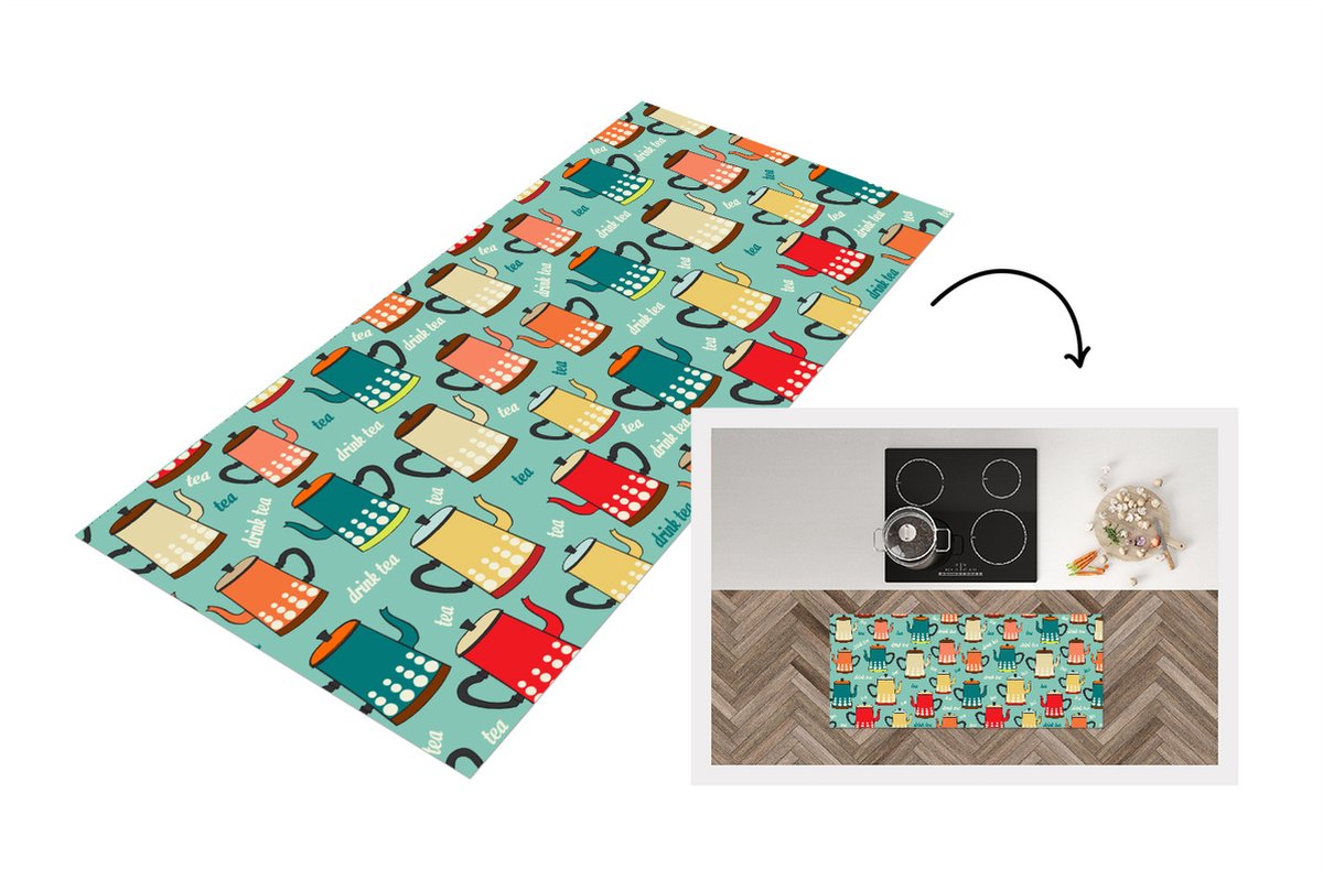 KitchenYeah Keukenloper - Loper keuken - Patronen - Thee - Theepot - Vintage - 120x50 cm - Keukenloper vinyl Multicolor