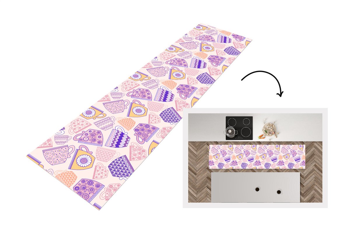 KitchenYeah Keukenloper - Loper keuken - Patronen - Theekopjes - Thee - 200x50 cm - Keukenloper vinyl Multicolor