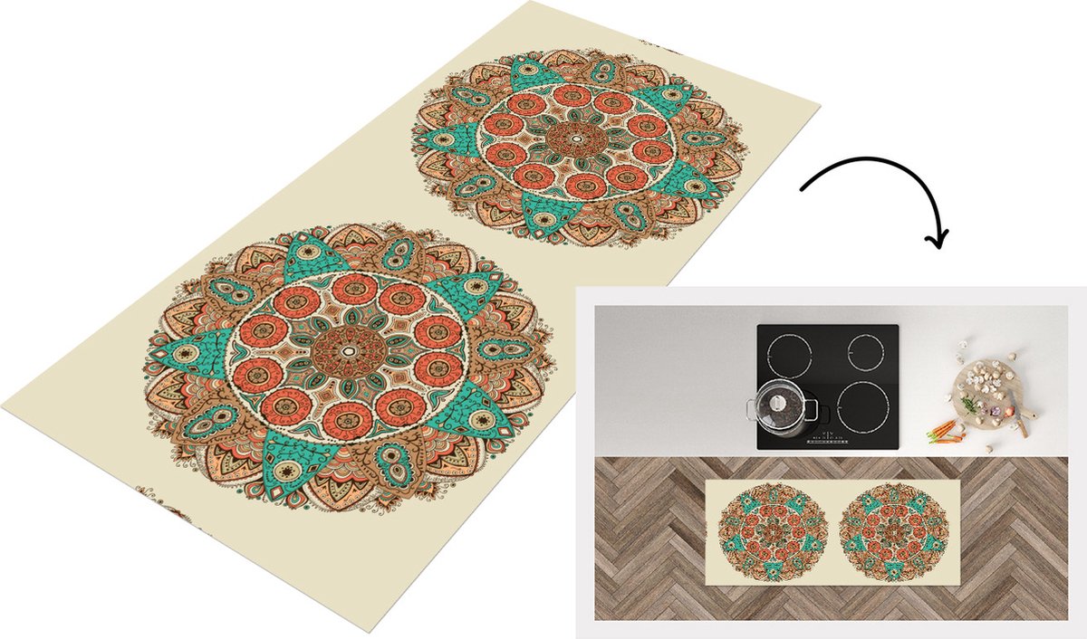 KitchenYeah Keukenloper - Loper keuken - Mandala - Patronen - Pauw - 120x50 cm - Keukenloper vinyl Multicolor