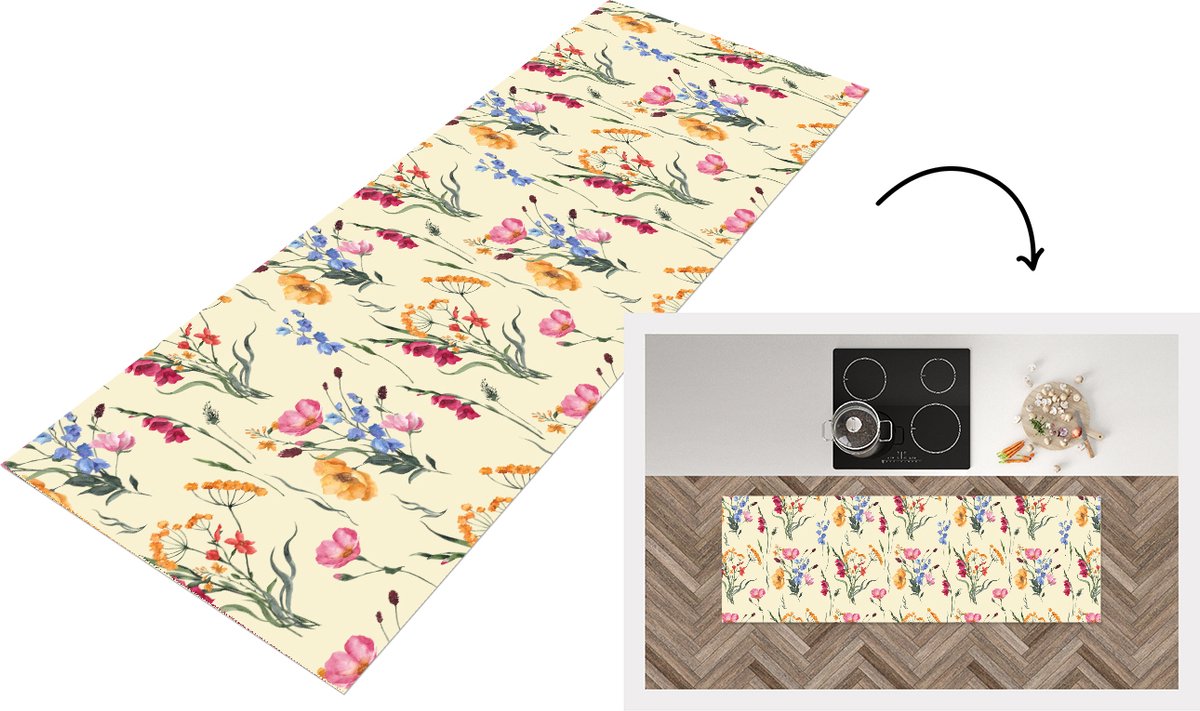 KitchenYeah Keukenloper - Loper keuken - Pasen - Patroon - Bloem - 180x60 cm - Keukenloper vinyl Multicolor