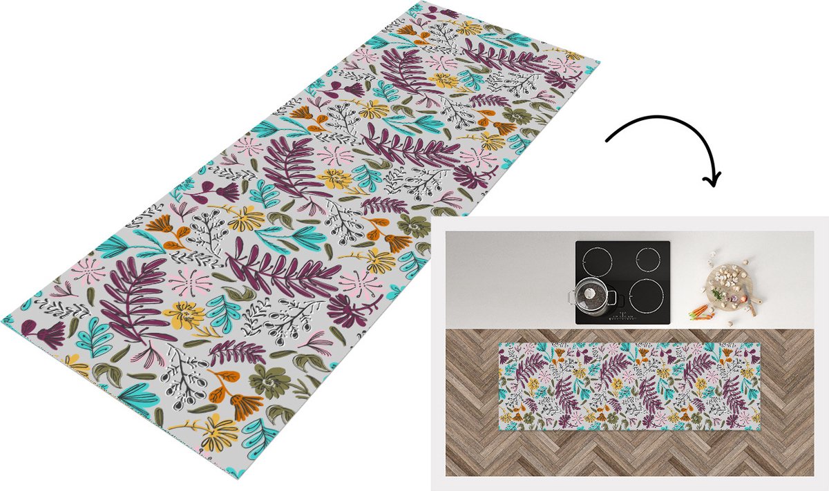 KitchenYeah Keukenloper - Loper keuken - Bloemen - Bladeren - Patroon - 180x60 cm - Keukenloper vinyl Multicolor