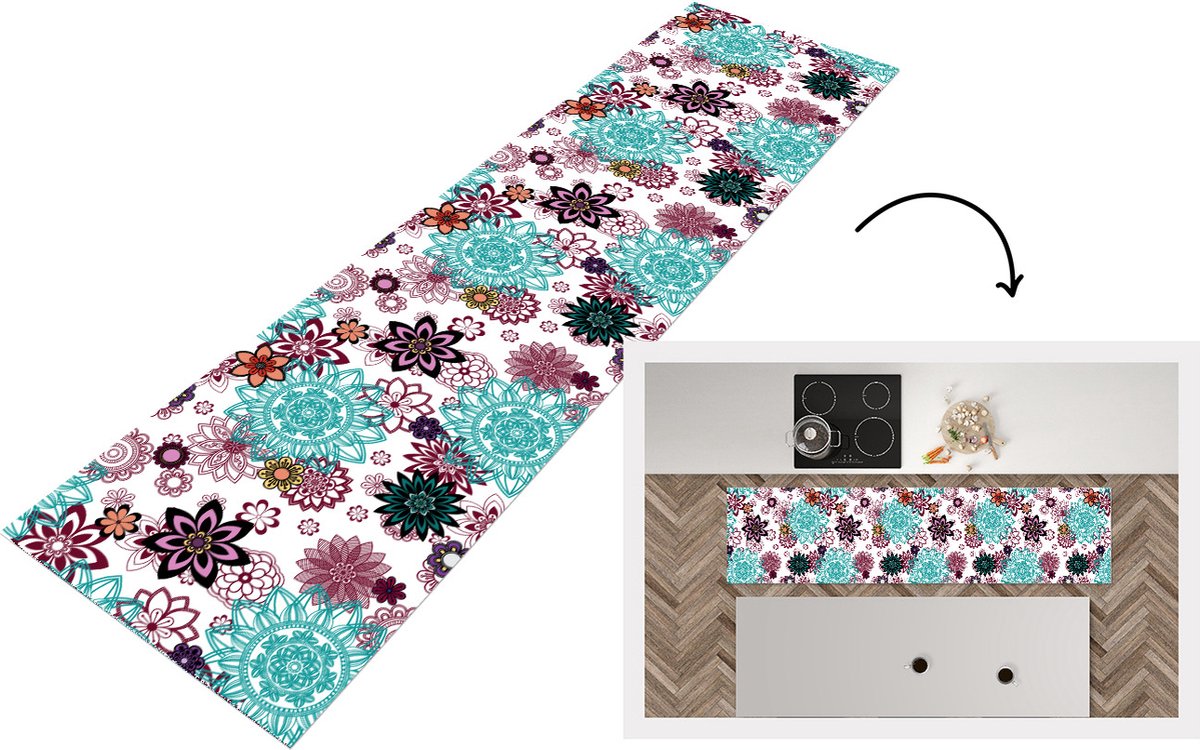 KitchenYeah Keukenloper - Loper keuken - Mandala - Bloemen - Patroon - 200x50 cm - Keukenloper vinyl Multicolor