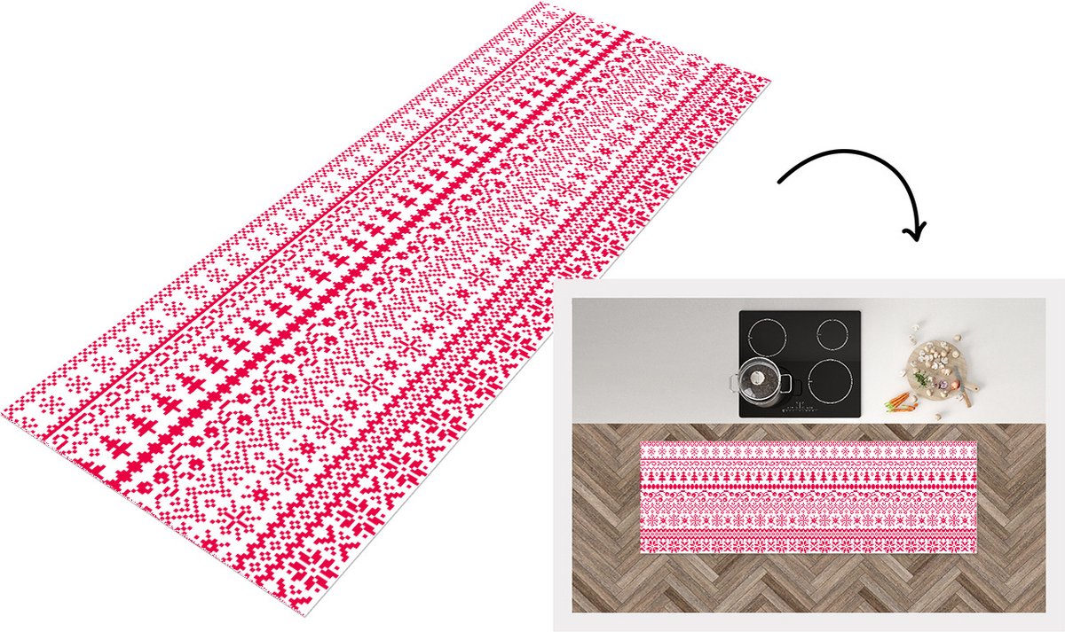 KitchenYeah Keukenloper - Loper keuken - Kerst - Patroon - Boom - 150x50 cm - Keukenloper vinyl Multicolor