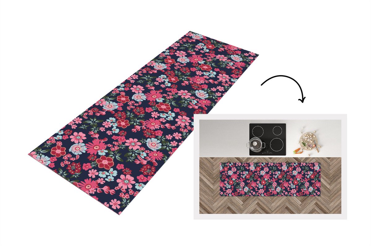 KitchenYeah Keukenloper - Loper keuken - Bloemen - Flora - Roze - Bloesem - Patronen - 150x50 cm - Keukenloper vinyl Multicolor