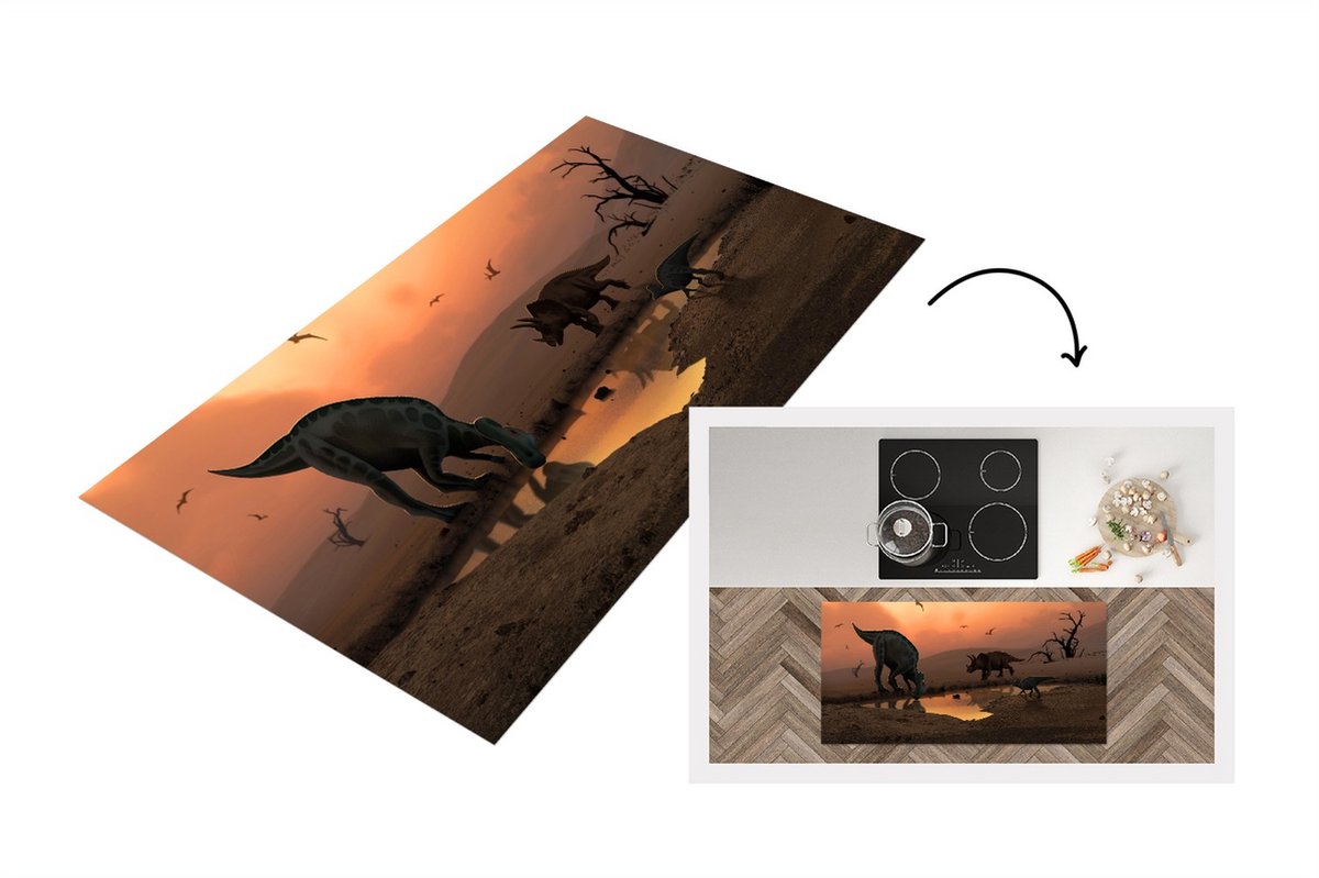 KitchenYeah Keukenloper - Loper keuken - Dinosaurus - Wilde dieren - Tekening - 120x60 cm - Keukenloper vinyl Multicolor