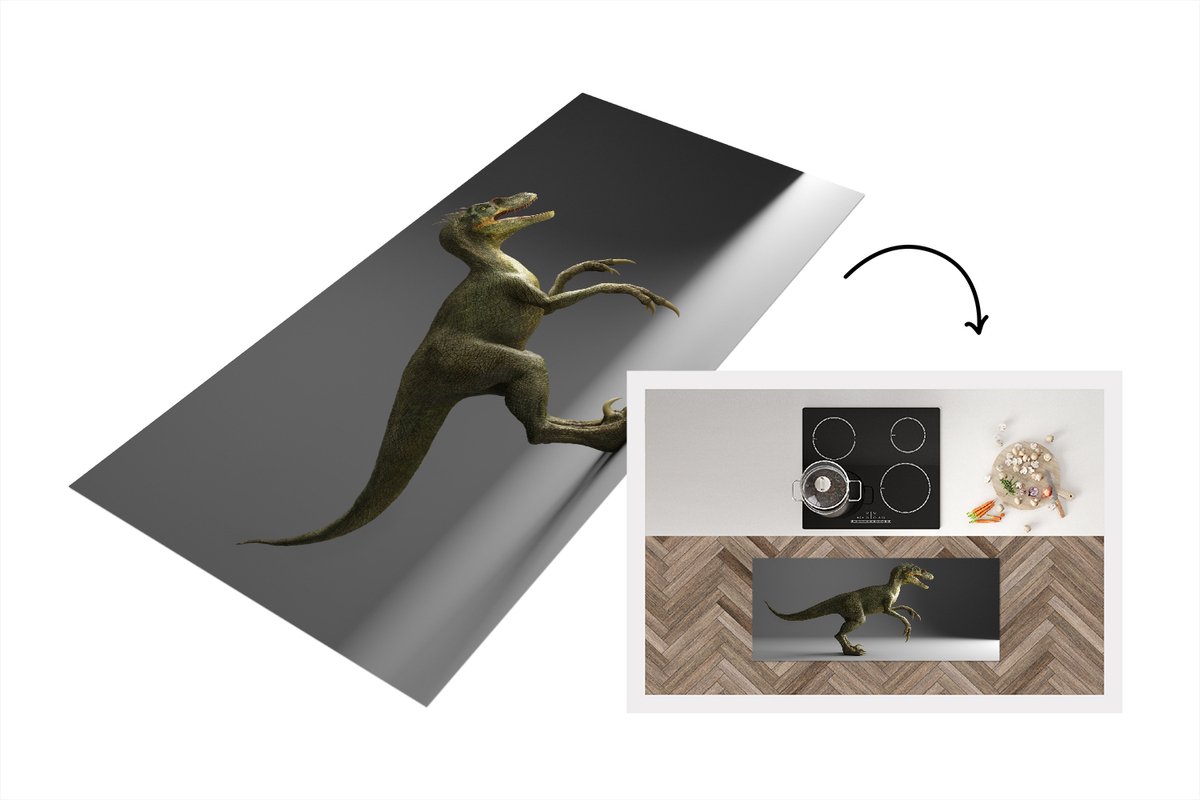 KitchenYeah Keukenloper - Loper keuken - Velociraptor - Dinosaurus - Grijs - Keukenloper vinyl Multicolor