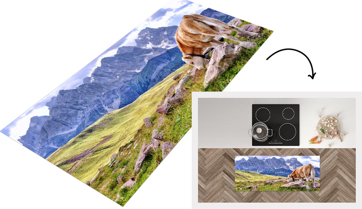 KitchenYeah Keukenloper - Loper keuken - Alpen - Koe - Berg - 120x50 cm - Keukenloper vinyl Multicolor