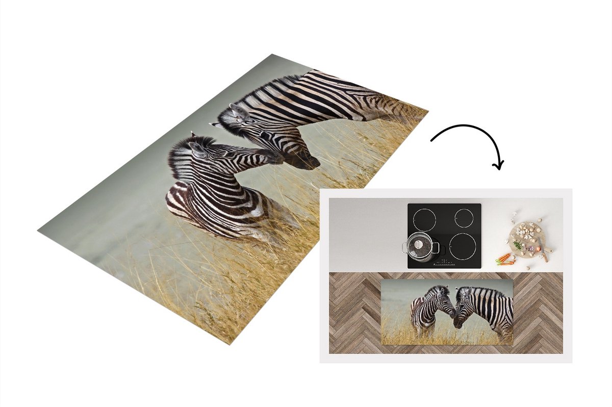 KitchenYeah Keukenloper - Loper keuken - Moeder zebra en haar jong - 120x60 cm - Keukenloper vinyl Multicolor