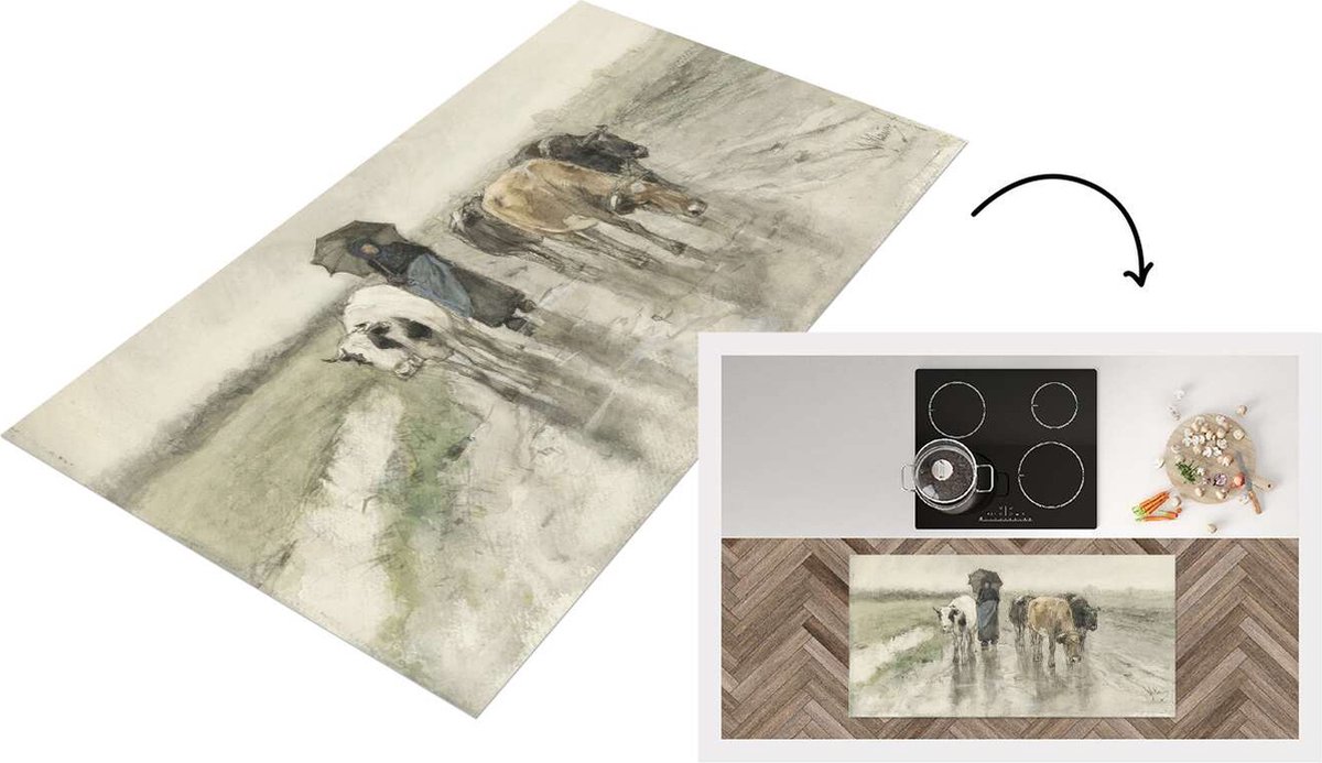 KitchenYeah Keukenloper - Loper keuken - Een boerin met koeien op een landweg in de regen - Schilderij van Anton Mauve - 120x60 cm - Keukenloper vinyl Multicolor