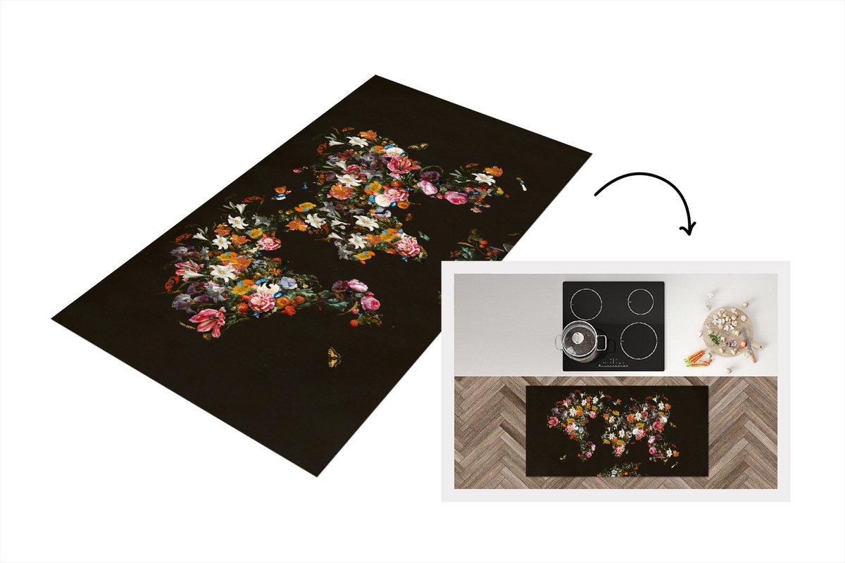 KitchenYeah Keukenloper - Loper keuken - Kaart - Bloemen - Zwart - 120x60 cm - Keukenloper vinyl Multicolor