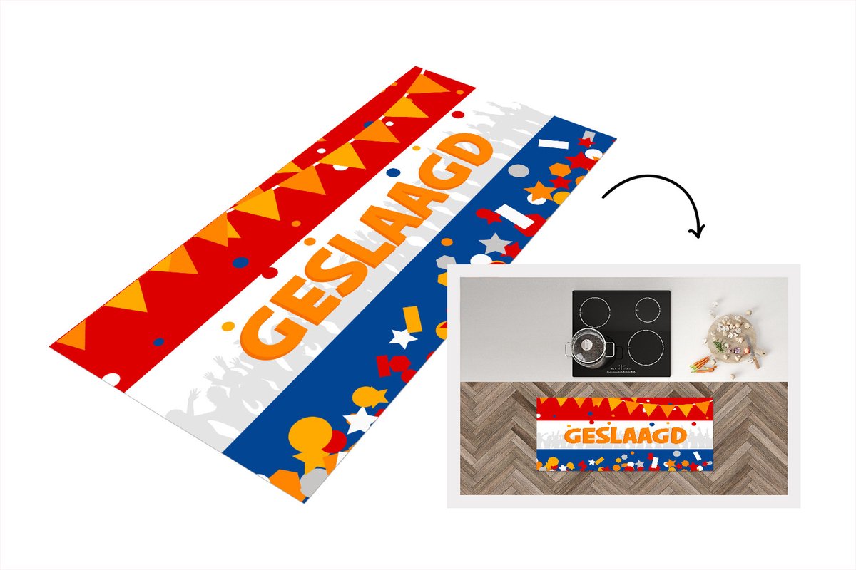 KitchenYeah Keukenloper - Loper keuken - Geslaagd - Feest - Oranje - 120x50 cm - Keukenloper vinyl Multicolor