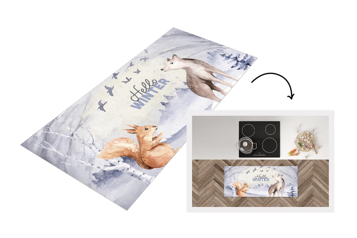 KitchenYeah Keukenloper - Loper keuken - Winter - Vos - Sneeuw - 120x50 cm - Keukenloper vinyl Multicolor