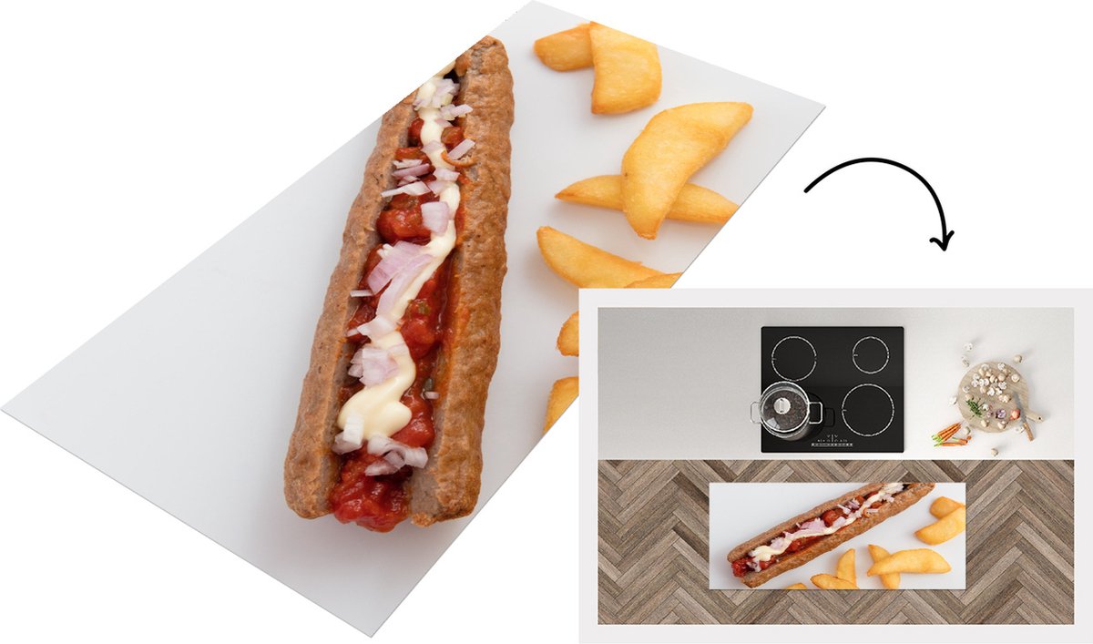 KitchenYeah Keukenloper - Loper keuken - Zalige frikandel speciaal met patat op een wit bord - 120x50 cm - Keukenloper vinyl Multicolor