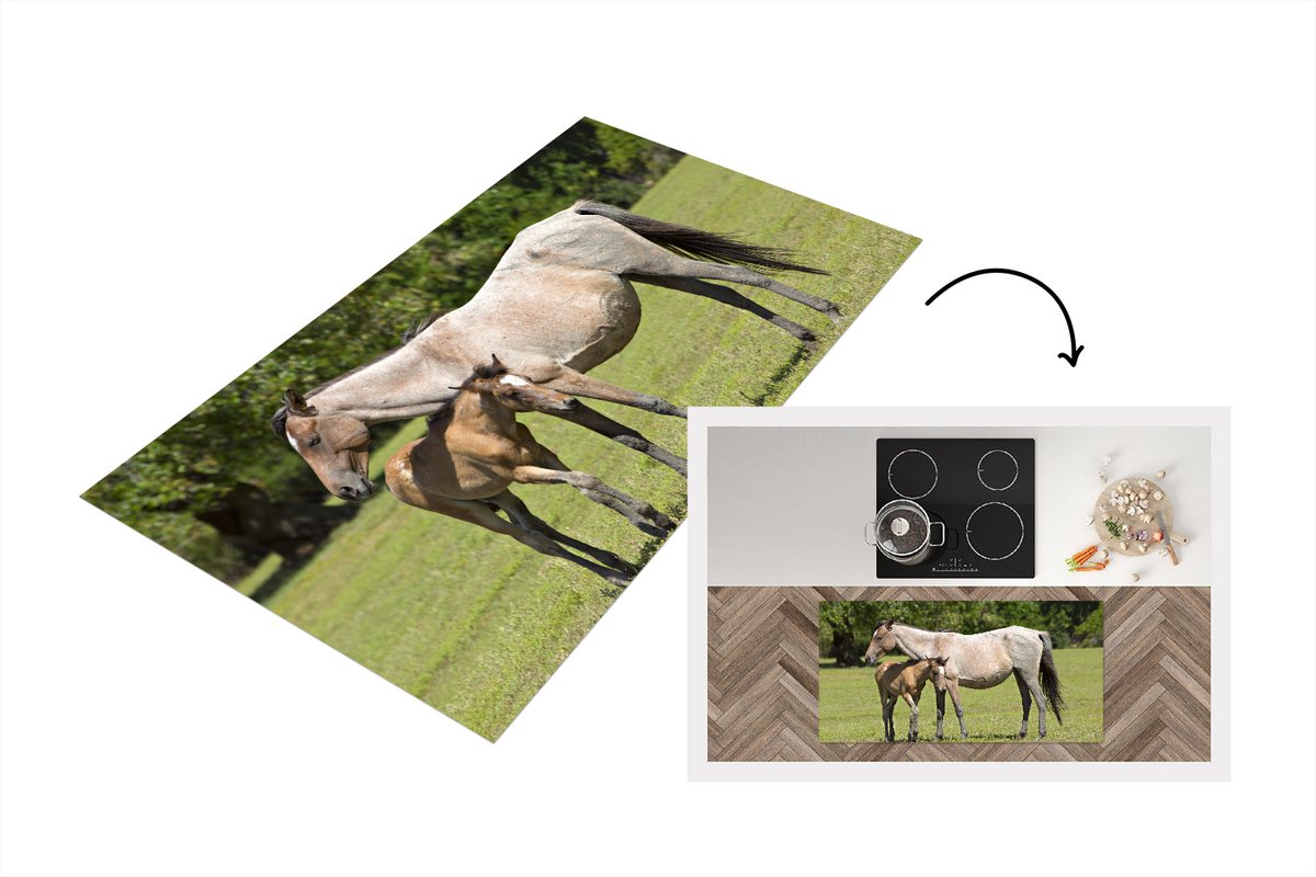 KitchenYeah Keukenloper - Loper keuken - Paarden - Gras - Schaduw - 120x60 cm - Keukenloper vinyl Multicolor