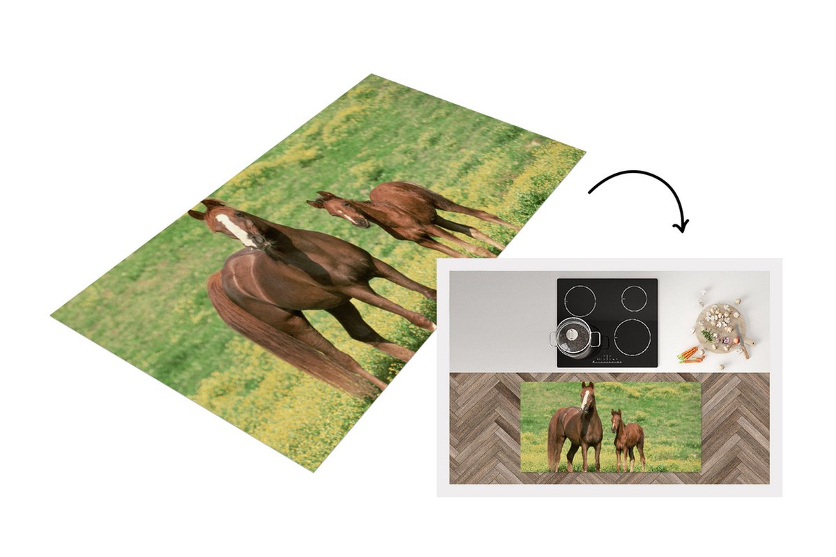 KitchenYeah Keukenloper - Loper keuken - Paarden - Gras - Bruin - 120x60 cm - Keukenloper vinyl Multicolor