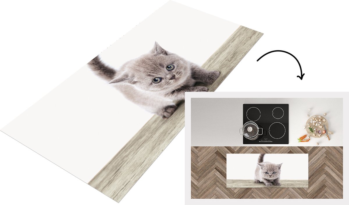 KitchenYeah Keukenloper - Loper keuken - Kitten - Jong katje - Grijs - Babykamer - Kinderkamer - Meisjeskamer - 120x50 cm - Keukenloper vinyl Multicolor