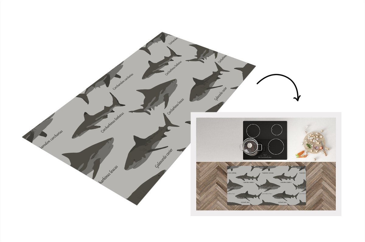 KitchenYeah Keukenloper - Loper keuken - Patronen - Haai - Zee - 120x60 cm - Keukenloper vinyl Multicolor