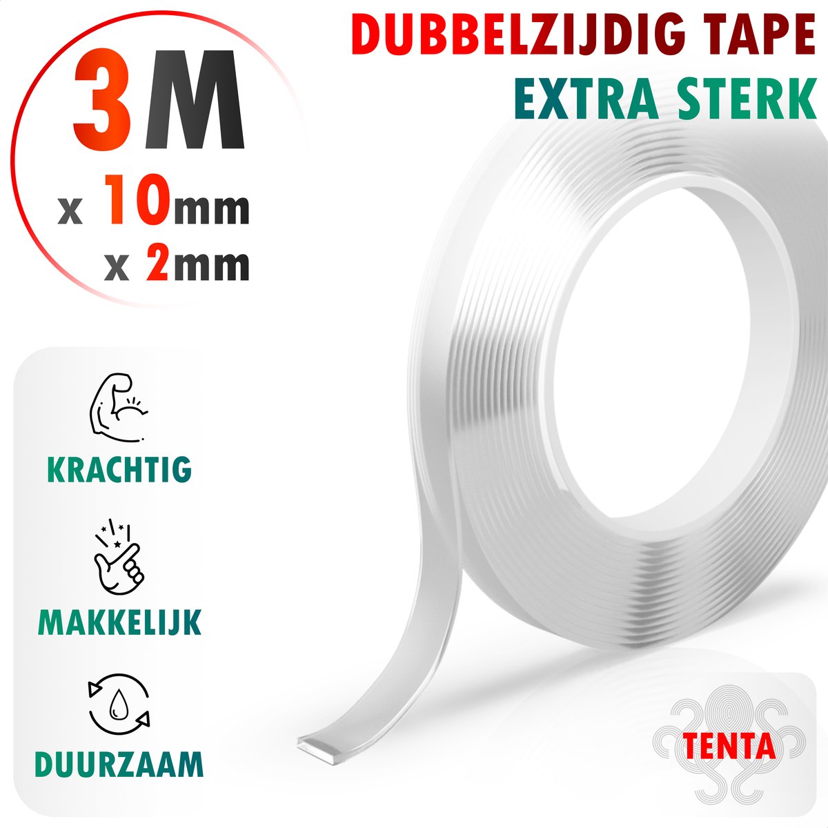TENTA® Dubbelzijdig Tape Extra Sterk - 3m x 10mm x 2mm - TENTA®