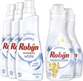 Robijn Klein & Krachtig 3x Wasmiddel Stralend Wit en 2x Jasmijn Sandelhout Wasverzachter