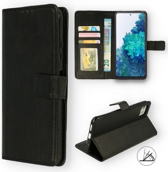 Étui portefeuille noir ouvert avec téléphone, cartes et billets dedans.