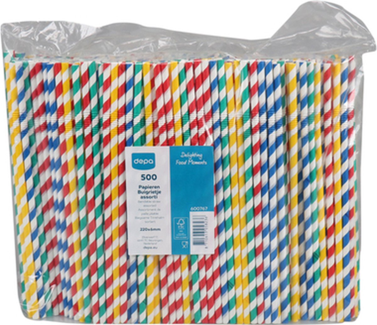 buig drinkrietje papier gestreept assorti ø6mm x 220mm 500 stuks