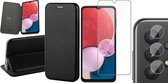 Samsung Galaxy A13 4G Hoesje - Book Case Lederen Wallet Cover Minimalistisch Pasjeshouder Hoes Zwart - Tempered Glass Screenprotector - Camera Lens Protector