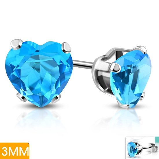 Aramat jewels ® - Zirkonia zweerknopjes hartje 3mm oorbellen zee blauw chirurgisch staal