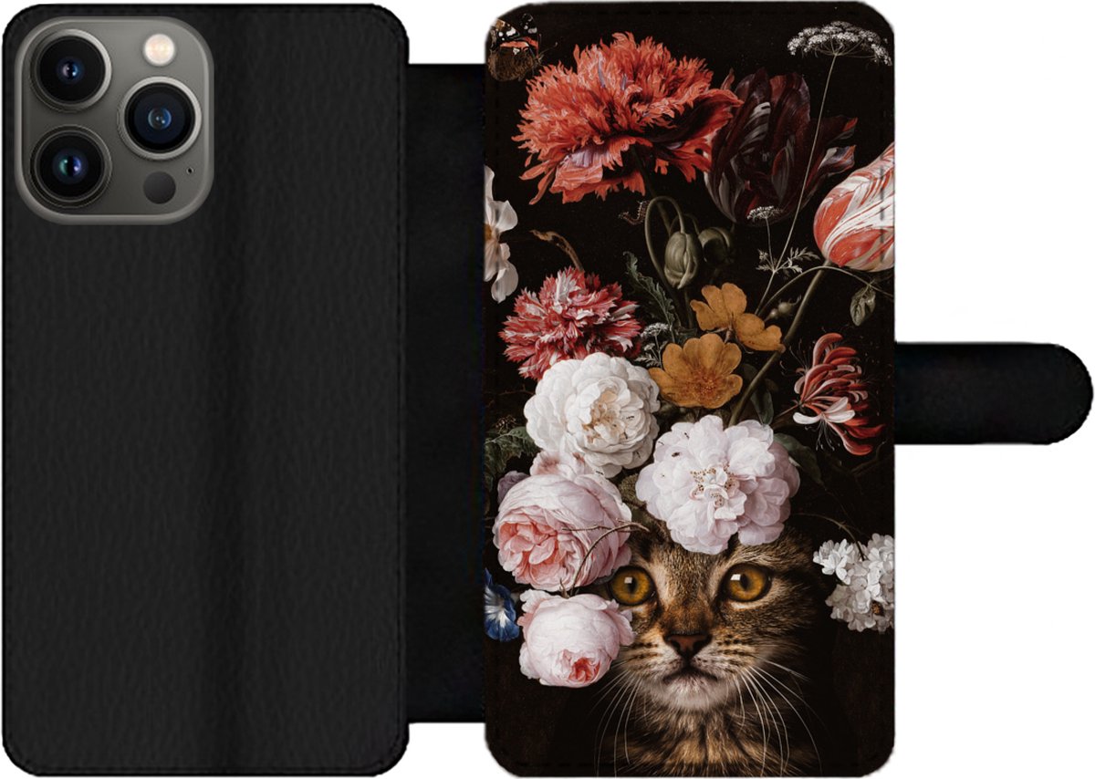 Telefoonhoesje Geschikt voor iPhone 13 Pro Max telefoonhoesje - Kat - Bloemen - Kunst - Met vakjes - Wallet case met magneetsluiting