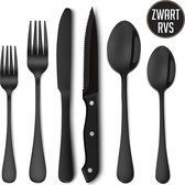OEC Kitchen Couverts 36 pièces - Zwart - 6 Personnes - Couteaux à Couteaux à steak - Couteaux - Fourchettes - Cuillères - Acier inoxydable