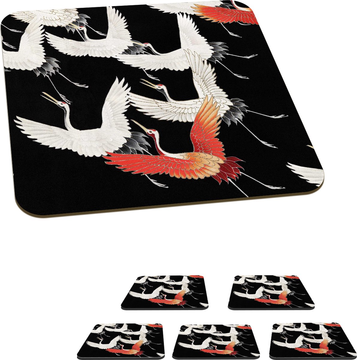 Onderzetters voor glazen - Kraanvogel - Japans - Rood - Wit - 10x10 cm - Glasonderzetters - 6 stuks