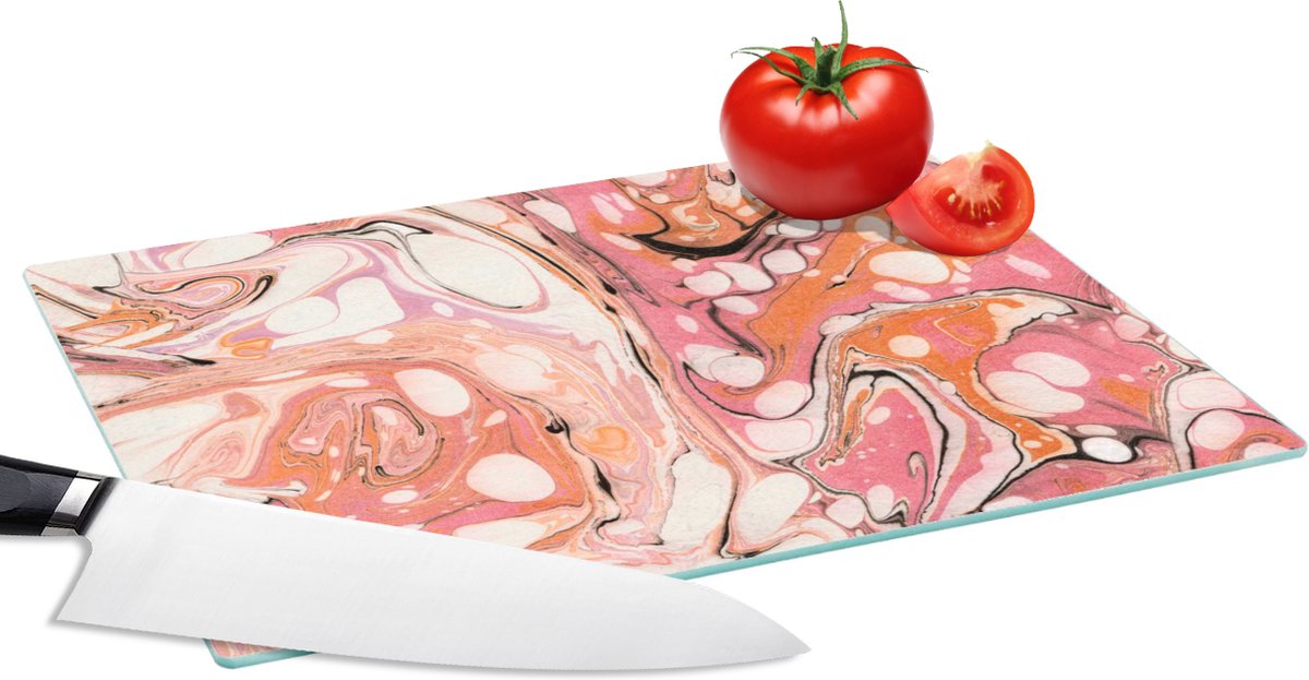 Glazen Snijplank - 28x20 - Marmer - Oranje - Roze - Snijplanken Glas