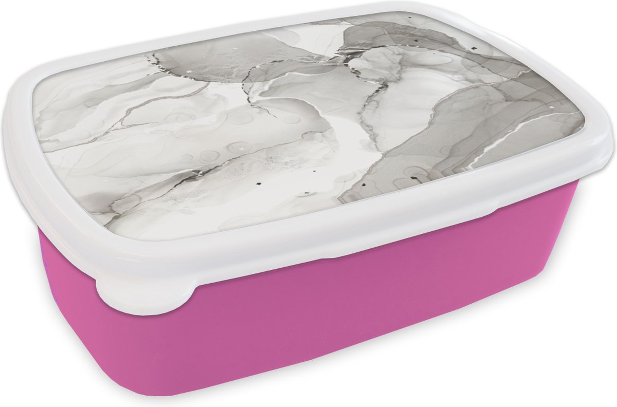 Broodtrommel Roze - Lunchbox - Brooddoos - Marmer - Zwart - Wit - 18x12x6 cm - Kinderen - Meisje