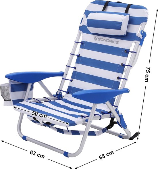 Songmics strandstoel met hoofdkussen, aluminium, draagbare vouwstoel, campingstoel, opvouwbaar en verstelbaar, zoals Een rugzak draagbaar, buitenstoel, blauw en wit gestreept GCB62BU
