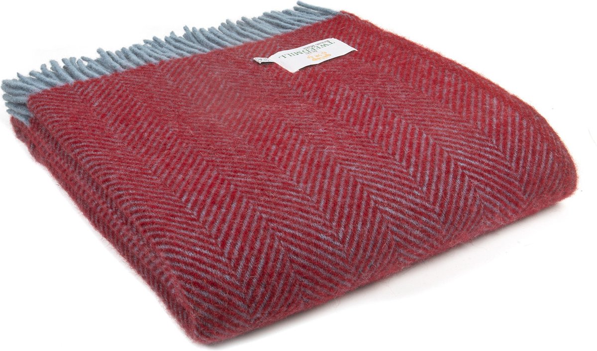 Tweedmill Plaid Visgraat Rood en Blauw (Strawberry & Petrol) - 150x183 - Nieuw Wol - Tweedmill UK