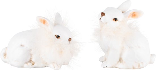 Paashaas / Set van 2 konijnen / paaskonijn zittend - Wit / creme - 12 x 7 x 11 cm hoog.