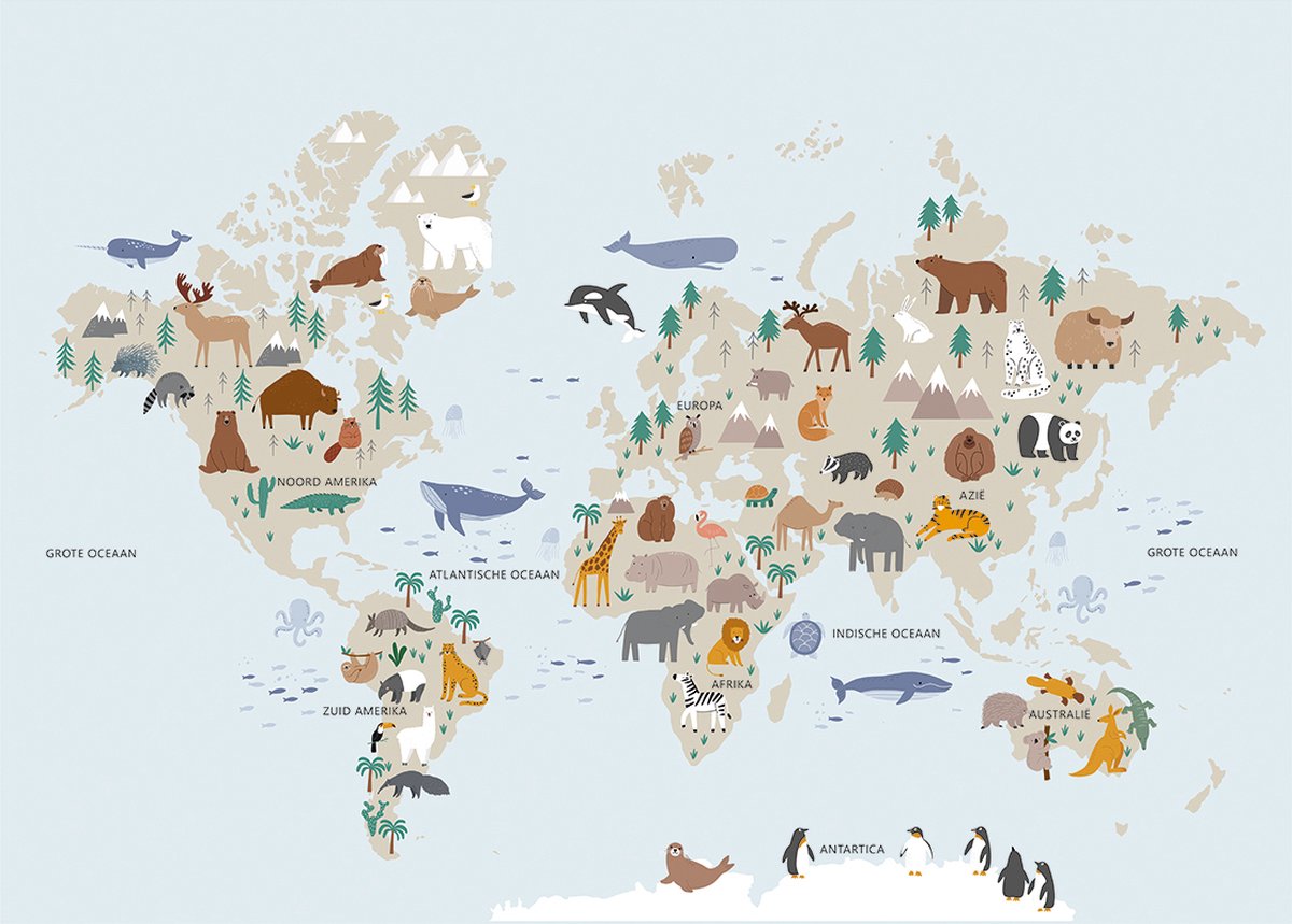 Poster Wereldkaart Dieren - Kinderkamer Decoratie - Blauw - 50x70 cm - Educatief