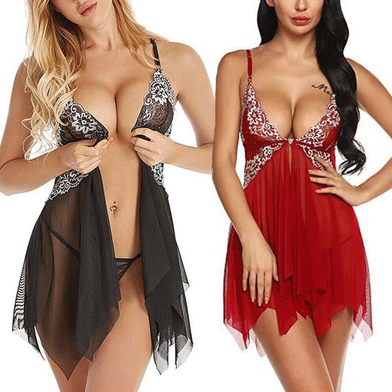 Robe de nuit super sexy + string - robe babydoll - chemise de nuit babydoll en dentelle ornée de motifs de fleurs - chemise de nuit babydoll - lingerie babydoll