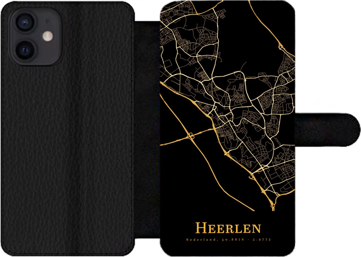 Telefoonhoesje Geschikt voor iPhone 12 telefoonhoesje - Heerlen - Kaart - Goud - Met vakjes - Wallet case met magneetsluiting