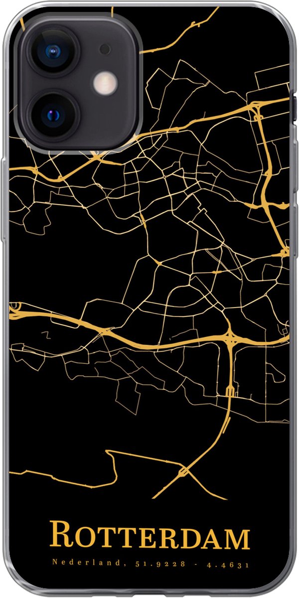 Telefoonhoesje Geschikt voor iPhone 12 hoesje - Rotterdam - Kaart - Gold - Siliconen Telefoonhoesje Telefoonhoesje