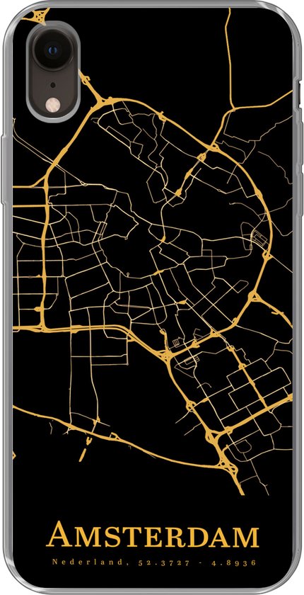 iPhone XR hoesje - Amsterdam - Kaart - Goud - Zwart - Siliconen  Telefoonhoesje | bol